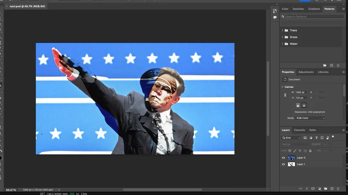 An image of a man in a suit giving a raised-arm salute, superimposed over a blue background with white stars and stripes, is…