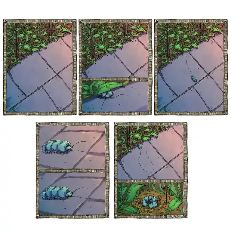 A five-panel comic strip shows a blue isopod (woodlouse) crawling along a stone path near green plants. In the first three…
