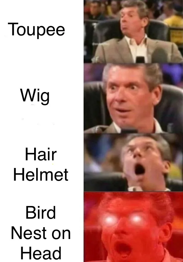 A four-panel meme shows a man's escalating expressions of shock and disbelief as text labels on the left list increasingly…