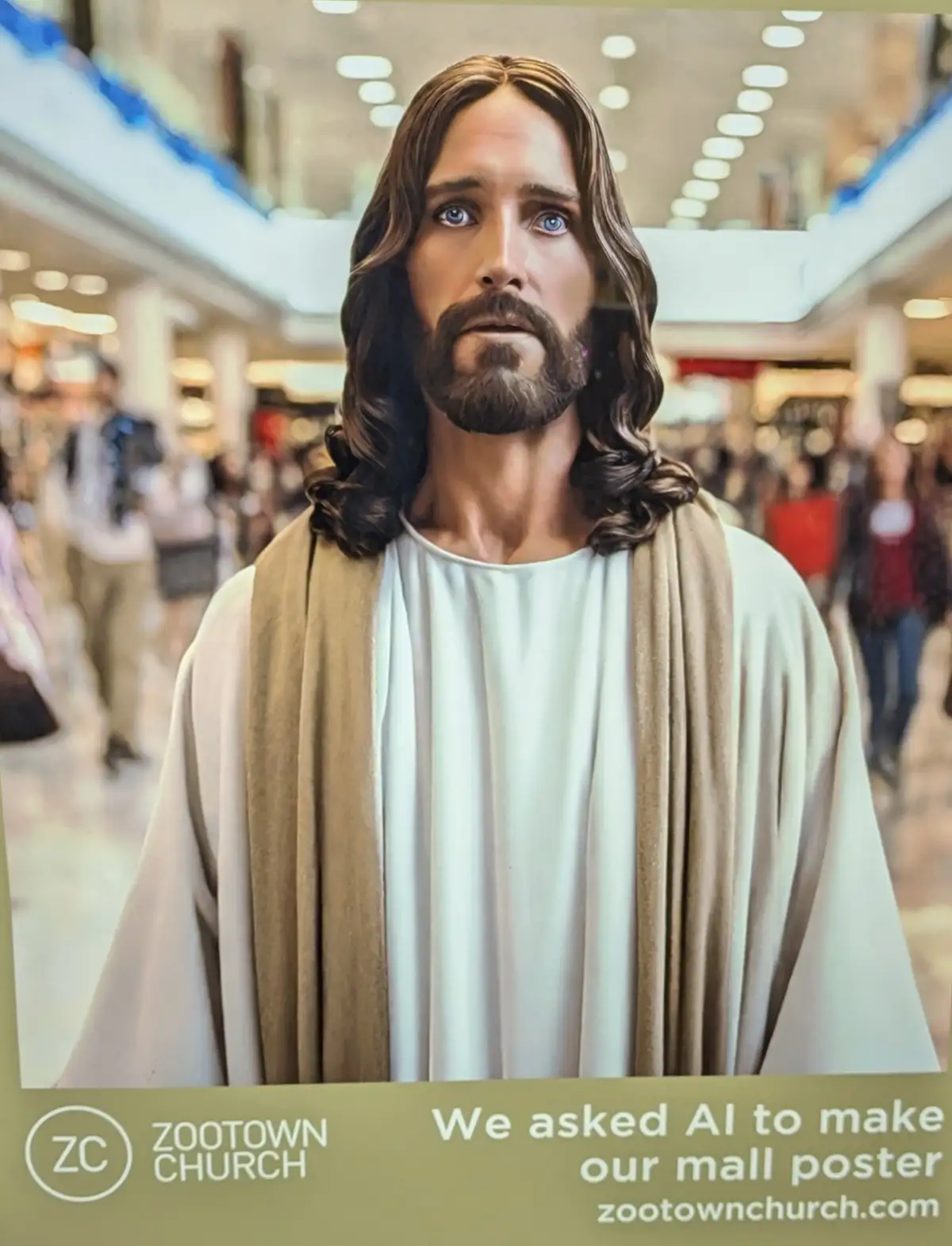 A poster features a realistic image of Jesus Christ with long brown hair and a beard, wearing a white tunic and beige robe…