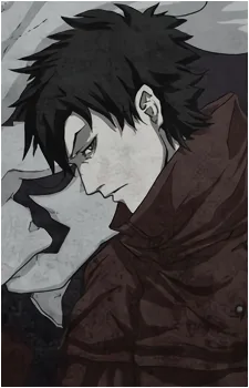A grayscale anime-style illustration shows a young man with messy black hair and intense eyes, looking downward with a…