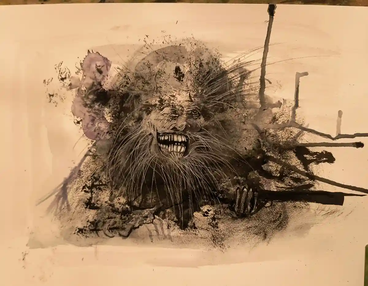 A sepia-toned, ink-wash painting depicts a grotesque, monstrous rat with a wide, toothy grin, long whiskers, and a menacing…