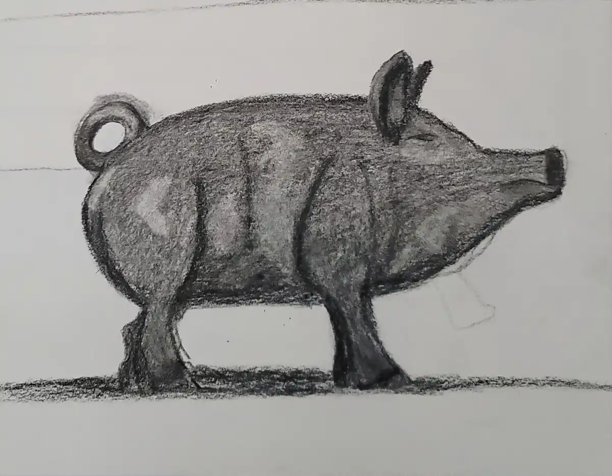 A black-and-white pencil sketch of a pig standing sideways, with its tail drawn as a circular coin with a hole in the…