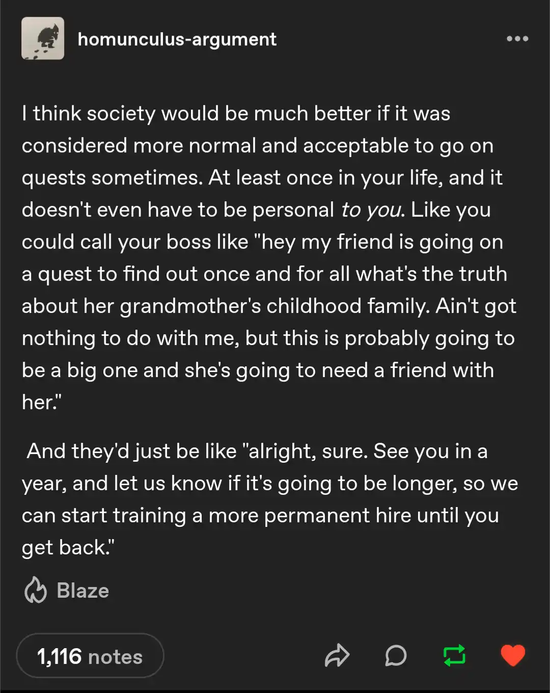 A screenshot of a Tumblr post with white text on a dark background, showing a humorous argument about society being better…