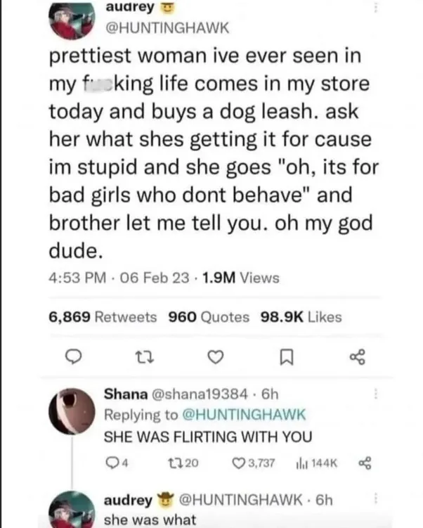 A screenshot of a Twitter thread where user @HUNTINGHAWK recounts a woman buying a dog leash and jokingly asking her why, to…