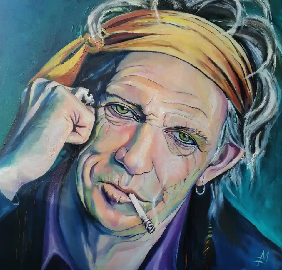 An oil painting depicts an elderly woman with gray hair wrapped in a yellow headscarf, holding a lighter near her ear while…