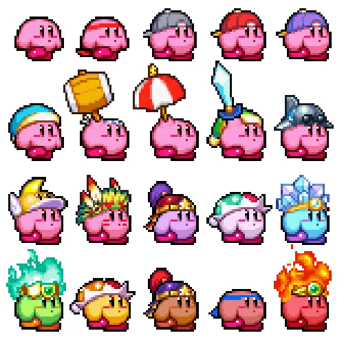 The image displays multiple grids of Kirby video game sprites, each grid showing the same set of Kirby characters in…