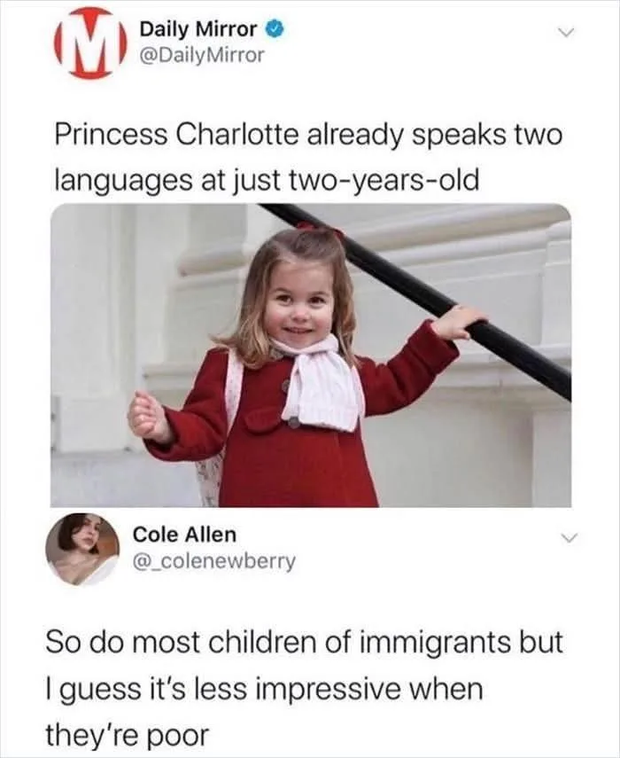 A screenshot of a Twitter thread shows a tweet from the Daily Mirror stating 'Princess Charlotte already speaks two…