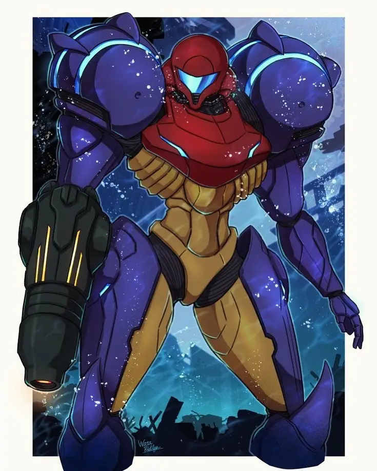 A full-body illustration of Samus Aran in her Power Suit, standing heroically against a cosmic, starry background. The suit…