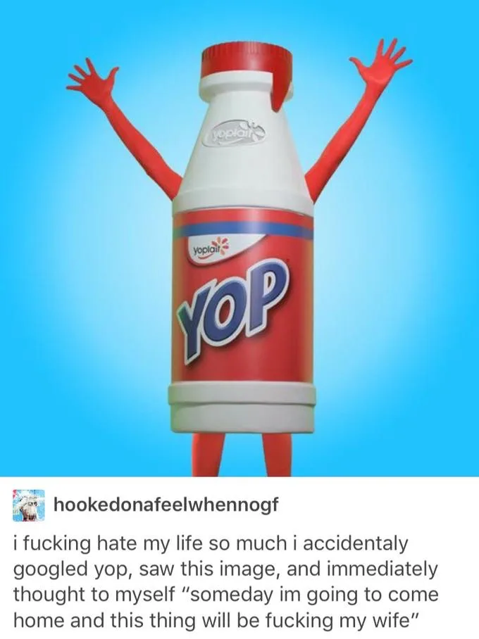 A cartoonish, anthropomorphic Yoplait YOP yogurt bottle with red arms and legs raised in celebration against a solid blue…