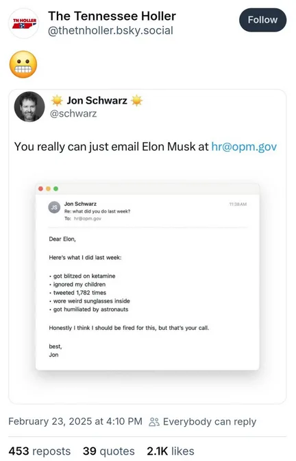 A screenshot of a social media post showing a mock email from Jon Schwarz to Elon Musk, sent to the official U.S. Office of…