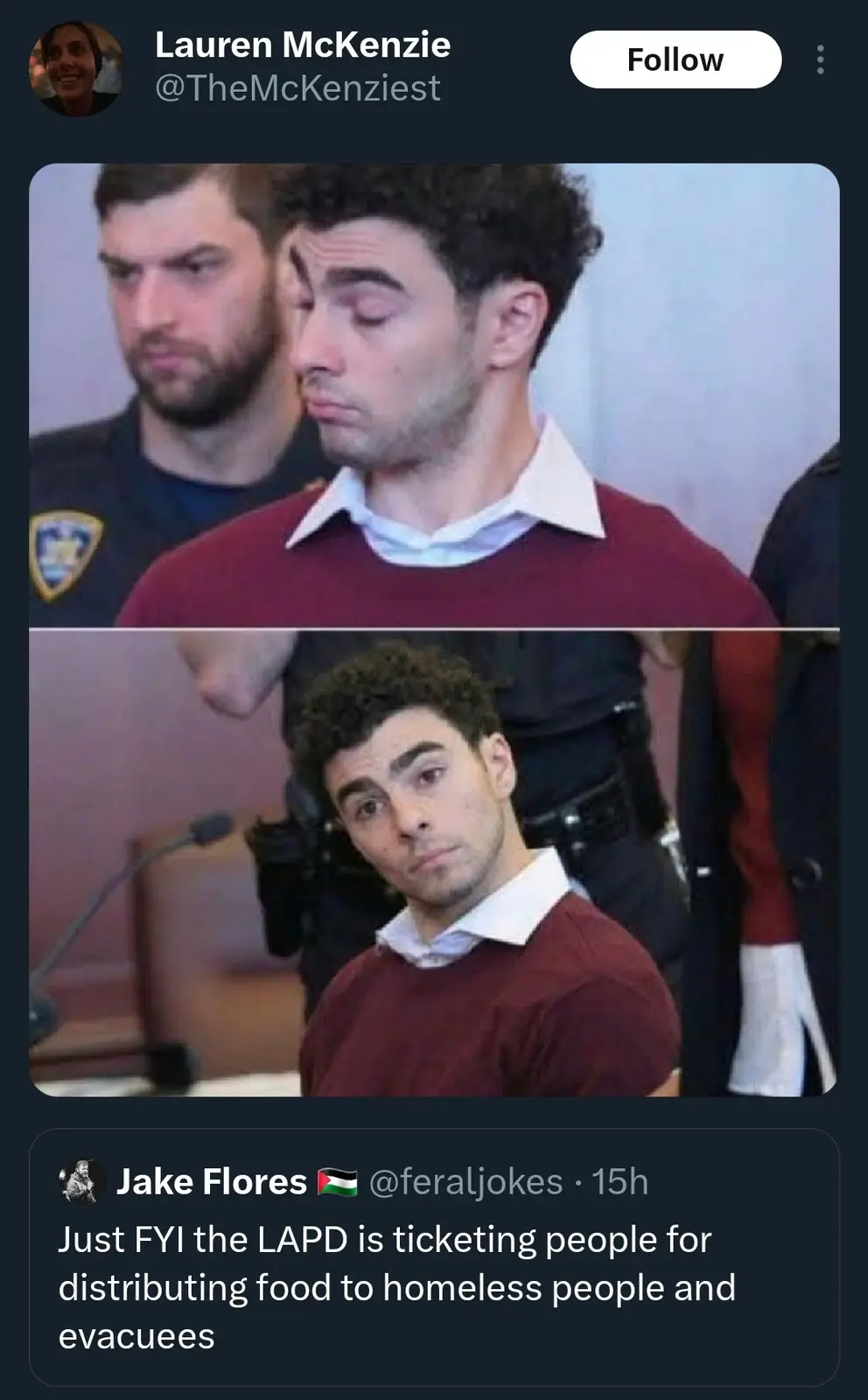 The image is a two-panel meme showing a man in a maroon sweater with a white collared shirt, first looking downcast and then…