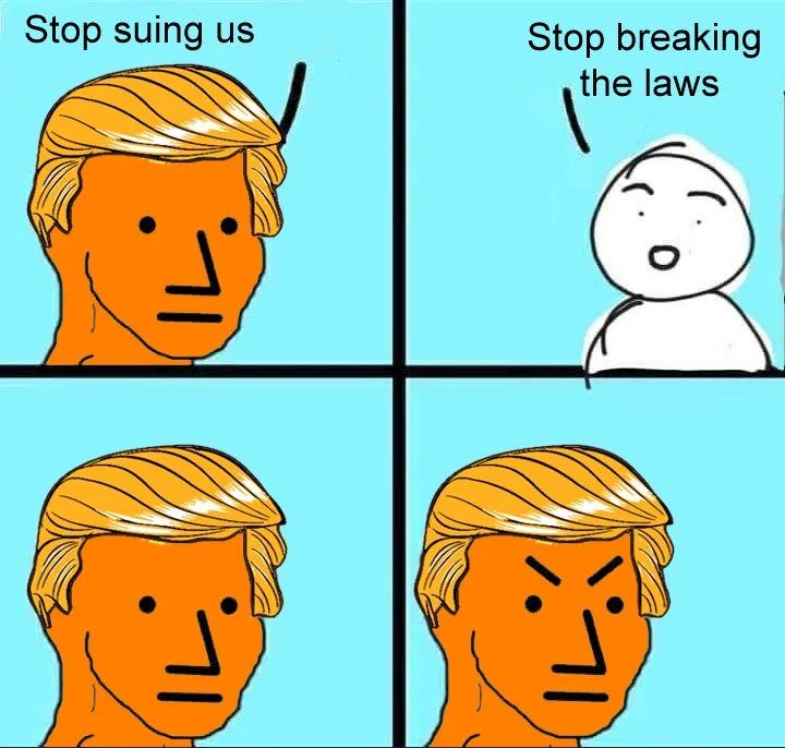 A four-panel comic strip shows a cartoon Donald Trump with orange skin and blonde hair. In the first panel, he says 'Stop…