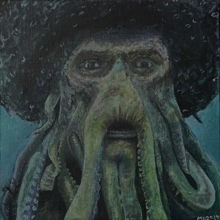 A painted portrait of a man with a long, greenish beard and dark, curly hair, looking directly at the viewer with a serious…