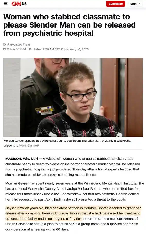 A screenshot of a CNN news article about Morgan Geyser, a young woman in a plaid sweater and glasses, appearing in a…