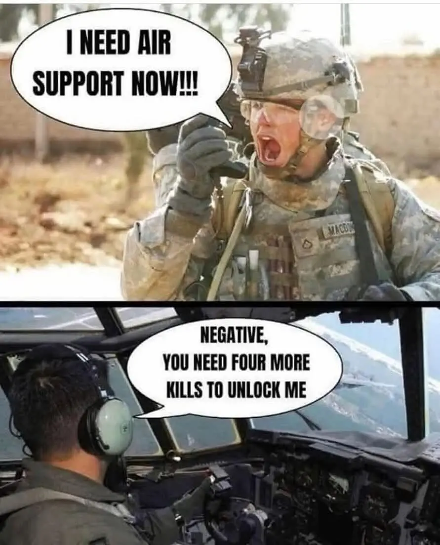 The top panel shows a soldier in full combat gear yelling into a radio with a speech bubble reading 'I NEED AIR SUPPORT…