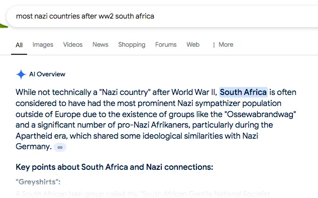 A screenshot of a Google search results page for 'most nazi countries after ww2 south africa'. The AI Overview section…