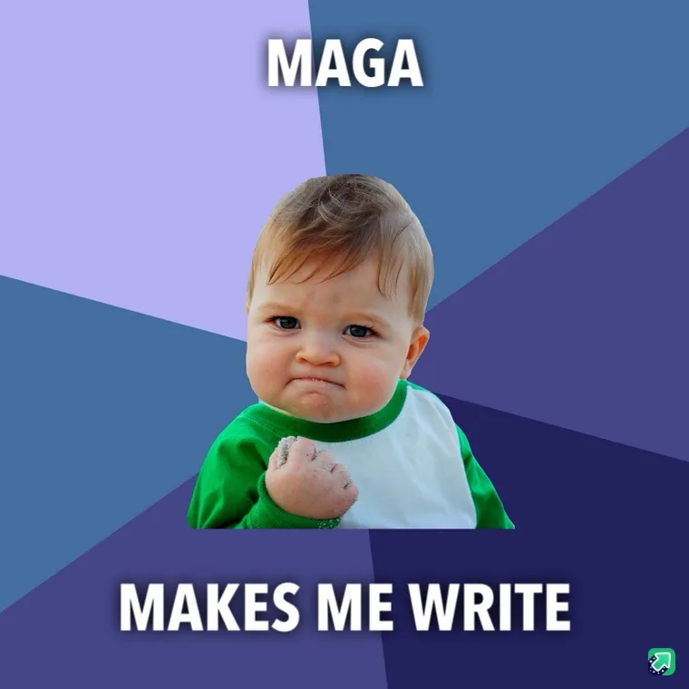 A baby with a pouty face and clenched fist is centered against a geometric background of purple and blue. The text 'MAGA' is…