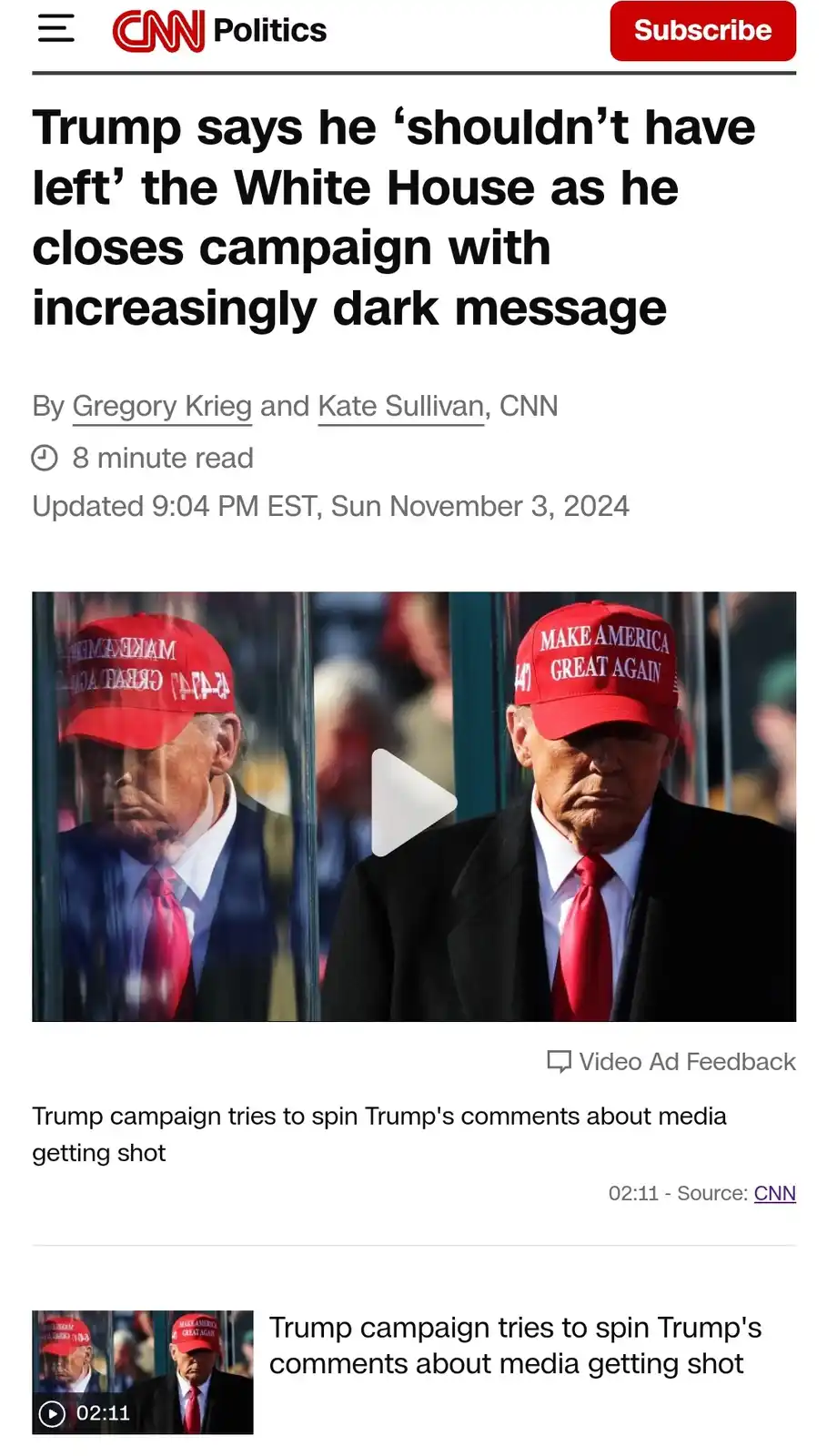 A screenshot of a CNN Politics article shows Donald Trump wearing a red 'Make America Great Again' cap and a red tie…