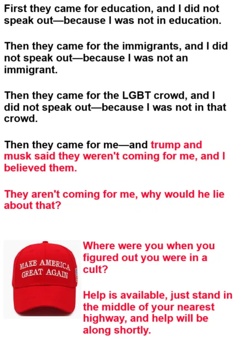 A meme image displays a red 'Make America Great Again' cap with overlaid text that parodies the 'They came for...' quote…