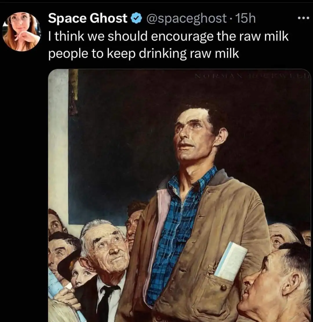 A tweet from 'Space Ghost' shows a painting of a man in a brown jacket and blue plaid shirt standing in a crowd, looking…