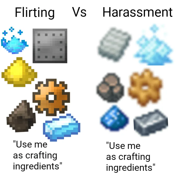 The image displays two columns of Minecraft crafting ingredients labeled 'Flirting' and 'Harassment'. The 'Flirting' column…