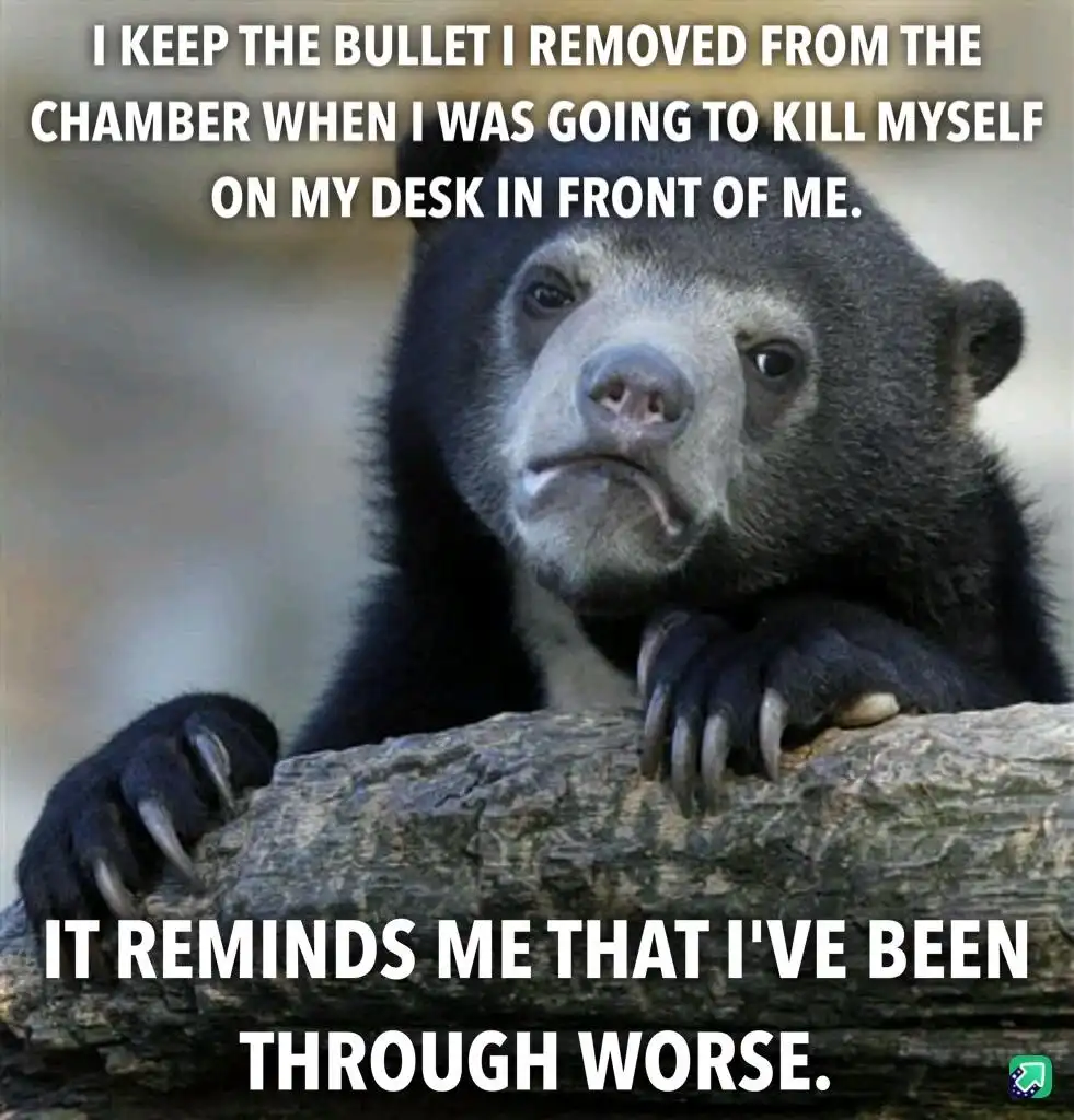 A close-up photo of a sad-looking sun bear resting its paws on a log, with white text overlaid in two blocks. The top text…