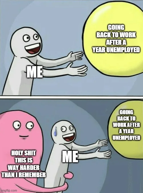 Two-panel meme featuring a white stick figure labeled 'ME' reaching for a large yellow bubble. In the top panel, the figure…