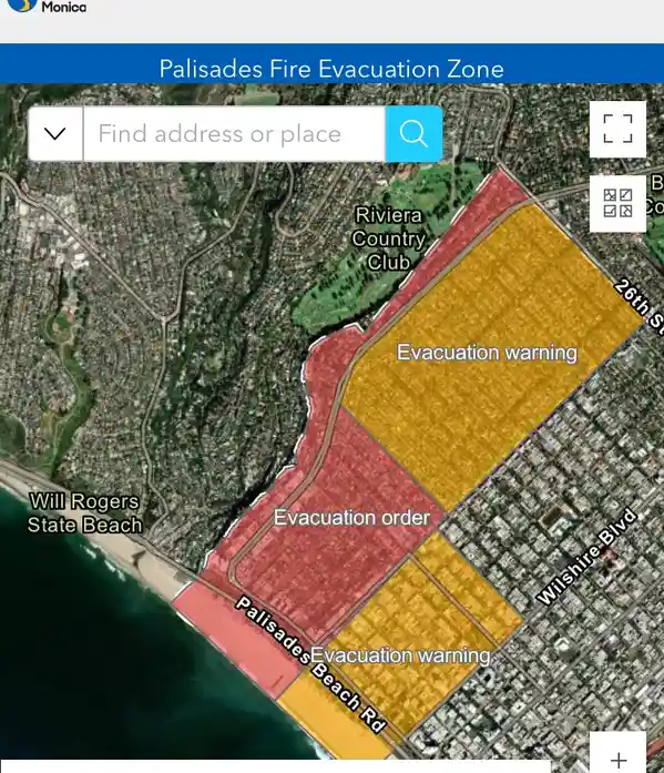 A map from Monica showing the Palisades Fire Evacuation Zone with red and yellow areas labeled 'Evacuation order' and…