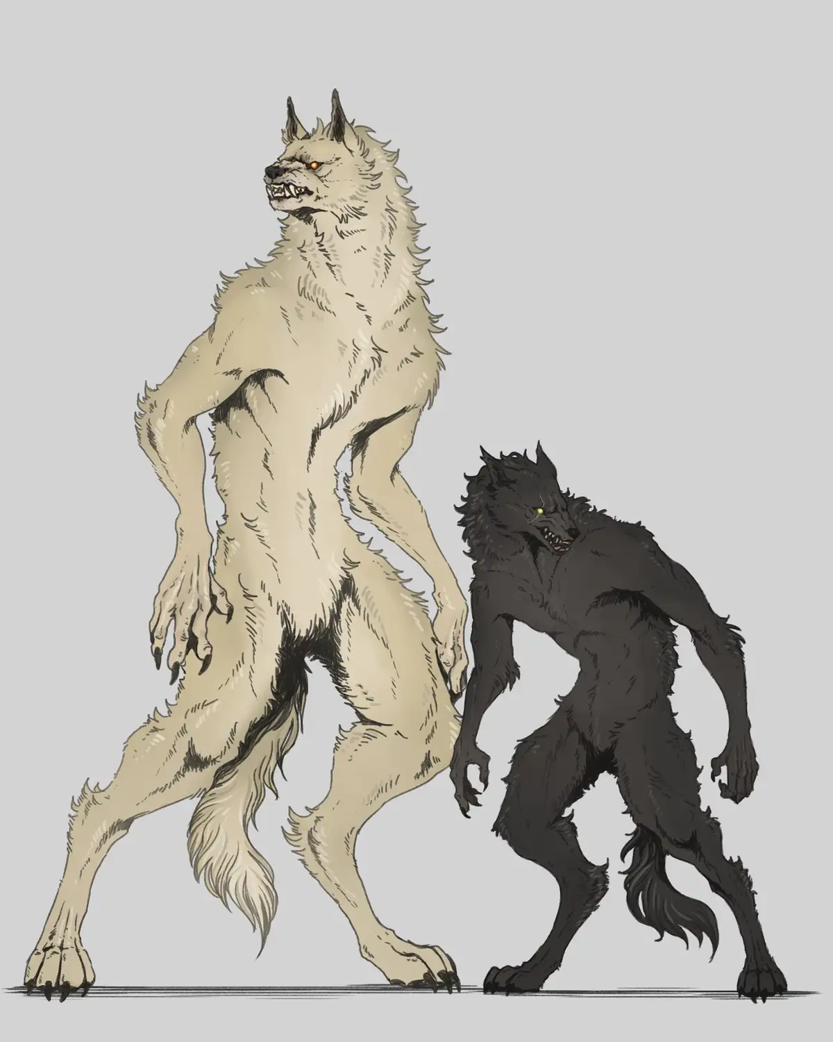 Two anthropomorphic werewolves stand side by side against a plain gray background; the larger, cream-colored one is on the…