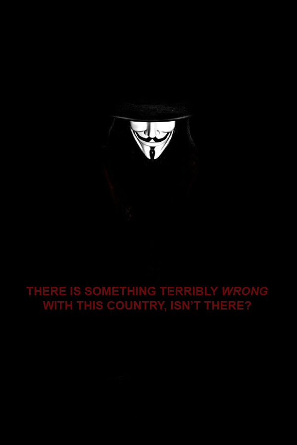 A dark image features a person wearing a white Guy Fawkes mask and a black hat, illuminated against a black background. Red…