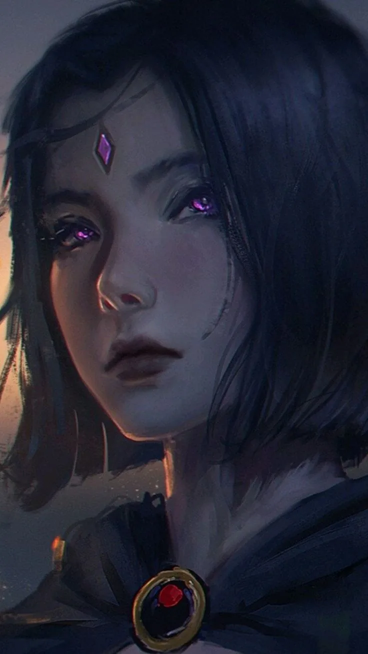 A digital illustration of a young woman with dark hair, glowing purple eyes, and a purple gem on her forehead, wearing a…