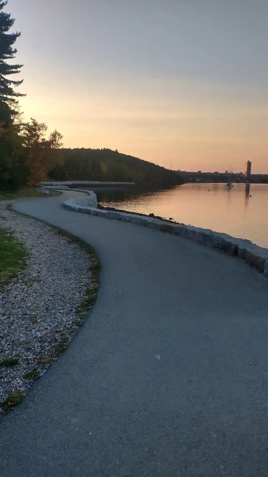 A serene, winding paved path curves along a calm waterfront at sunset, with trees on the left and a distant city skyline…
