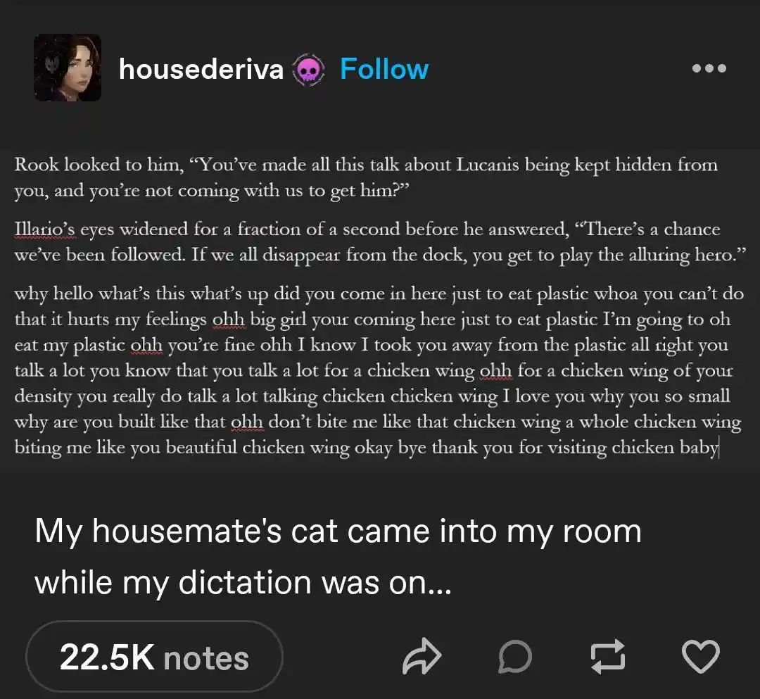 A screenshot of a social media post showing a text document with a dramatic fantasy dialogue followed by a chaotic…