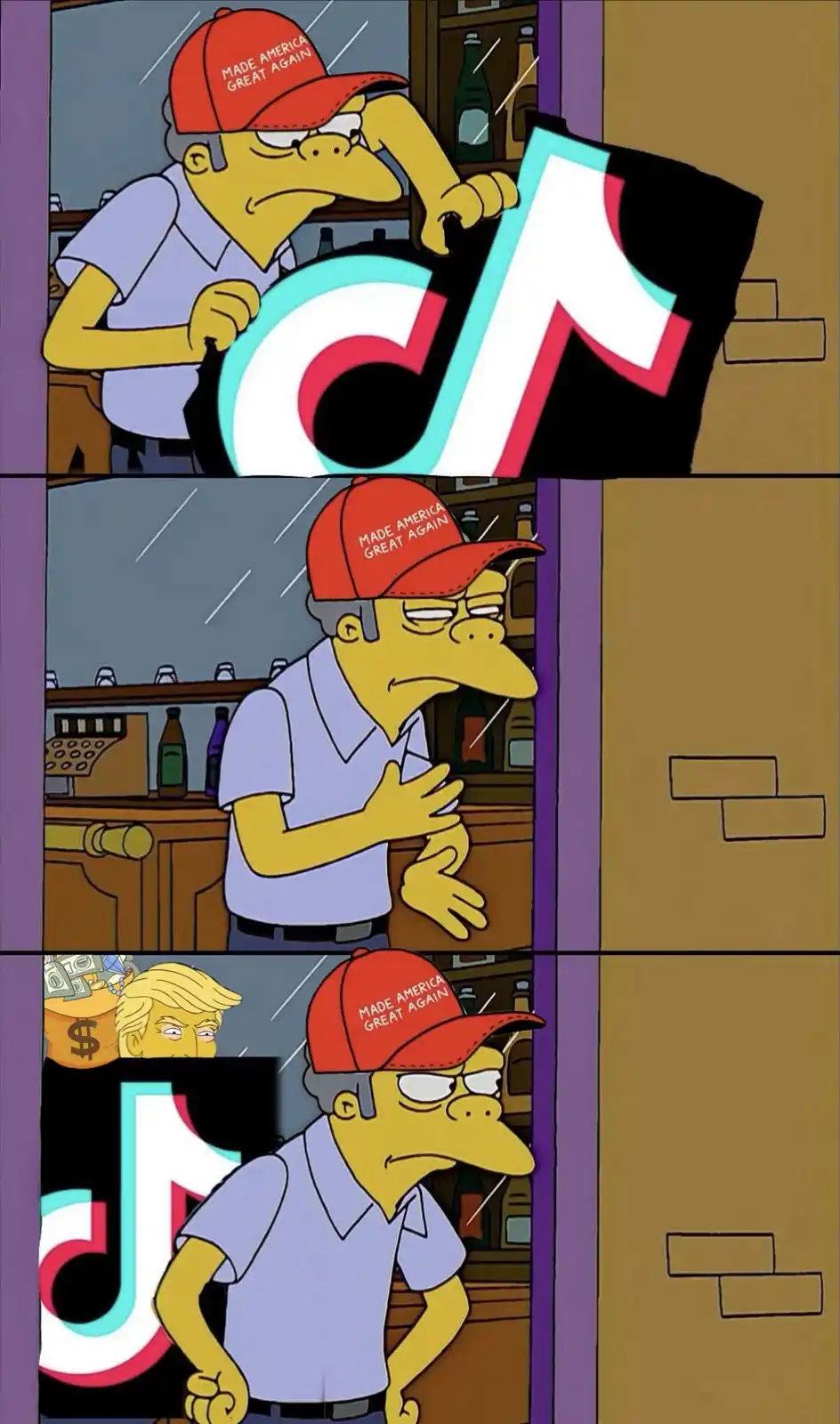 A three-panel meme featuring the Simpsons character Mr. Burns wearing a 'Made America Great Again' cap. In the first panel…