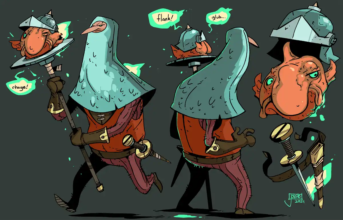 A cartoonish, orange-skinned, fish-like humanoid warrior in a teal hooded cloak and helmet, wielding a sword and shield, is…