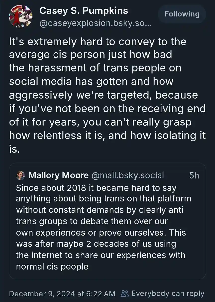 A screenshot of a Bluesky social media post by Casey S. Pumpkins, which quotes another user, Mallory Moore, about the…