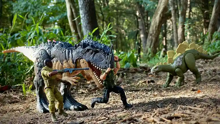 Two toy soldiers with rifles are positioned in a forest setting, one aiming at a large black and tan toy dinosaur while the…