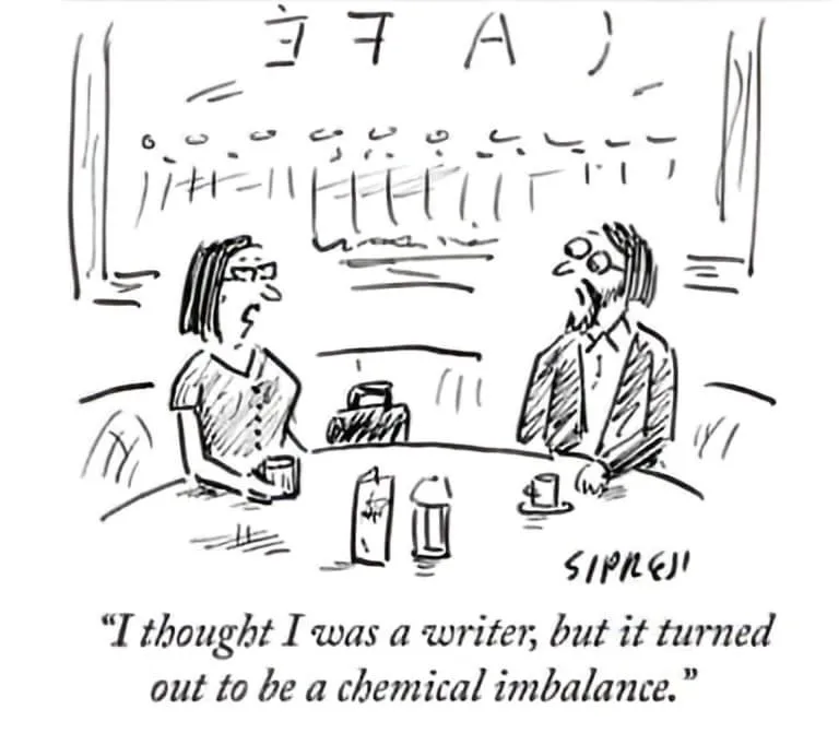 A black-and-white cartoon depicts two people sitting at a table in what appears to be a cafe or restaurant, with a crowd…