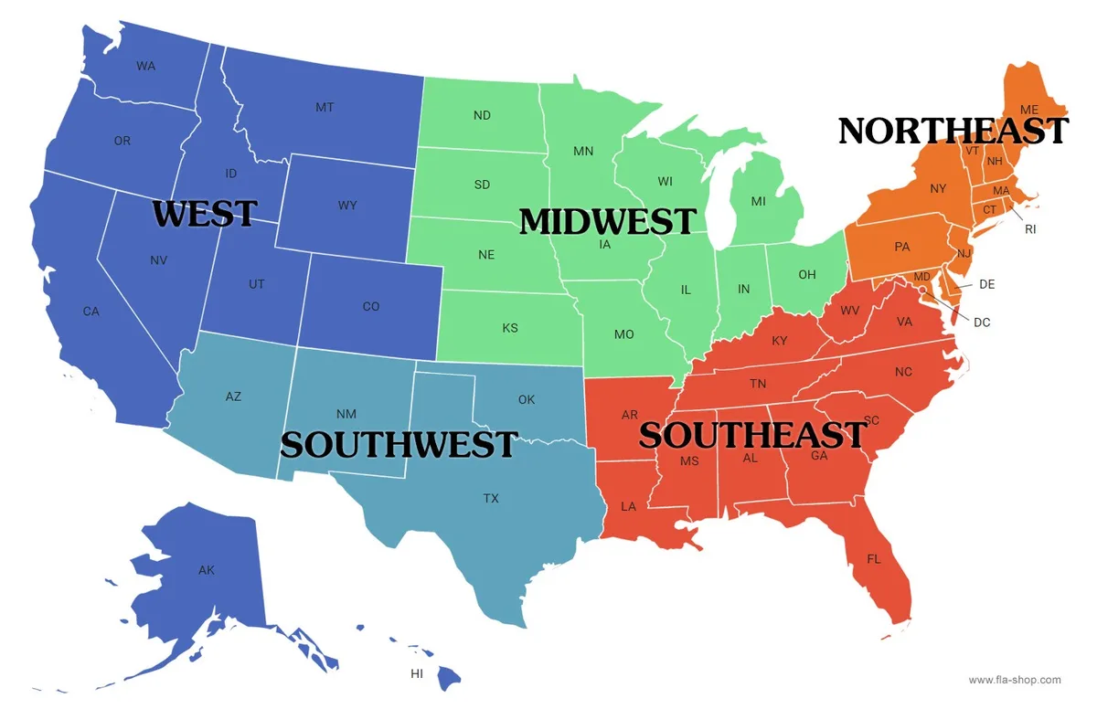 A color-coded map of the United States divided into five regions: West (blue), Southwest (teal), Midwest (light green)…