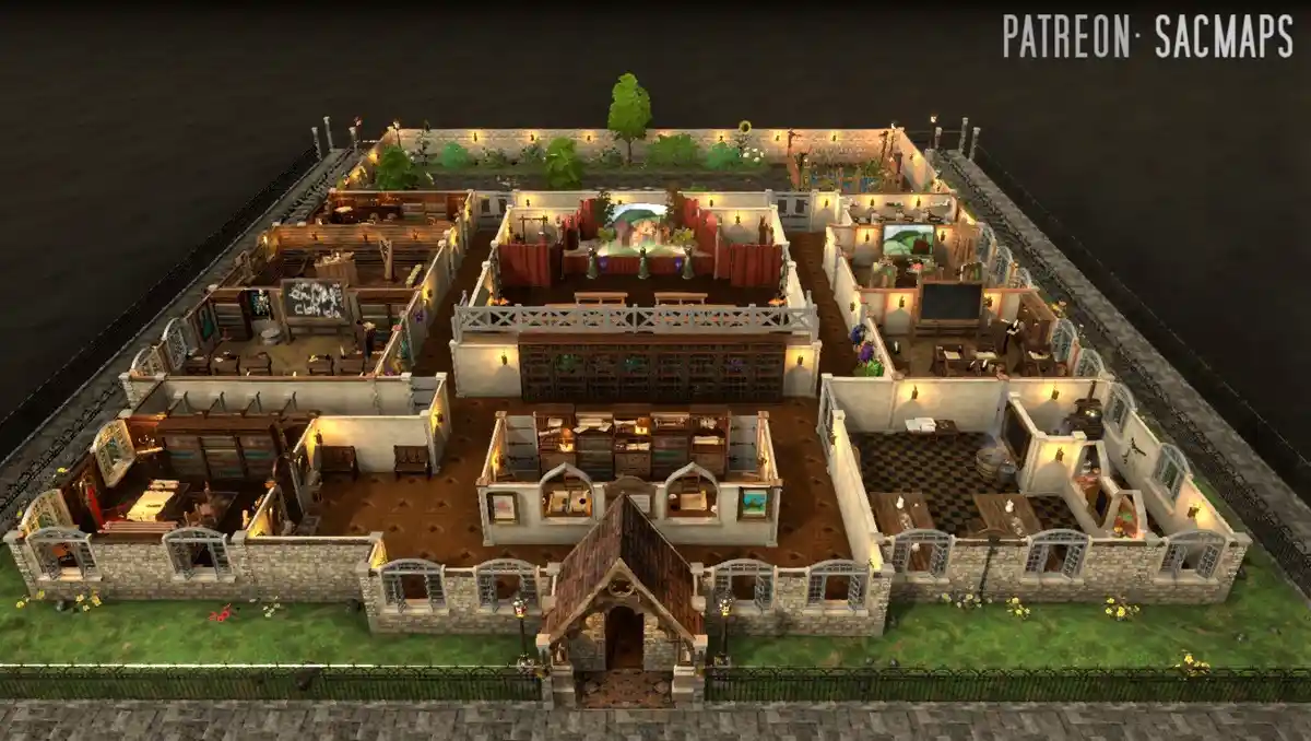 An overhead view of a highly detailed, custom-built mansion from The Sims 4, featuring numerous rooms including libraries, a…