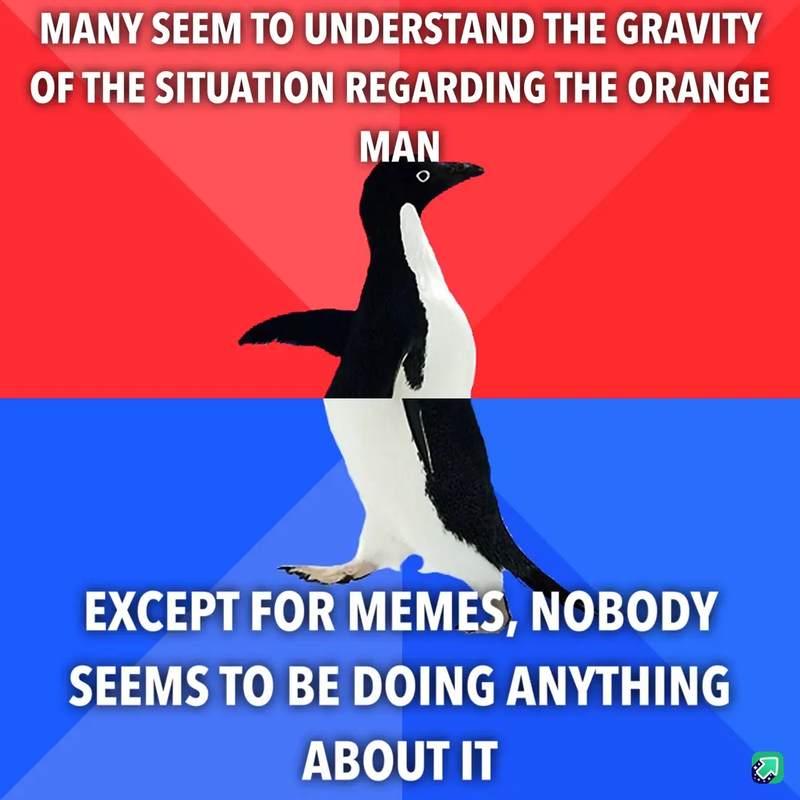 A penguin stands centered against a red and blue background, with white text overlaid in two sections. The top text reads…