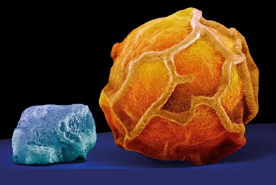 The image displays two rocks side by side against a black background; a small, textured blue rock on the left and a much…