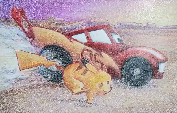 A hand-drawn, textured artwork shows a red Lightning McQueen car from Cars, with a yellow Pikachu character seemingly stuck…