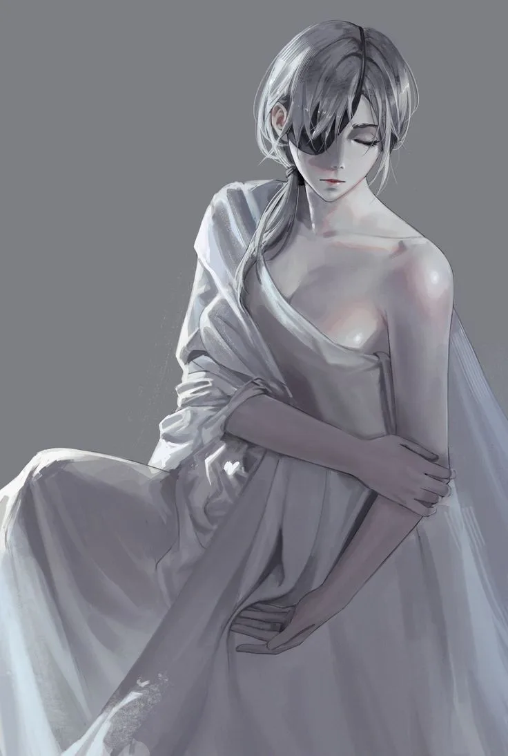 An anime-style illustration of a person with short gray hair and a black eye patch over their right eye, wearing a loose…