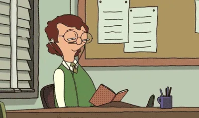 A cartoon woman with glasses and a green vest sits at a desk, smiling contentedly while reading a book. The image is…