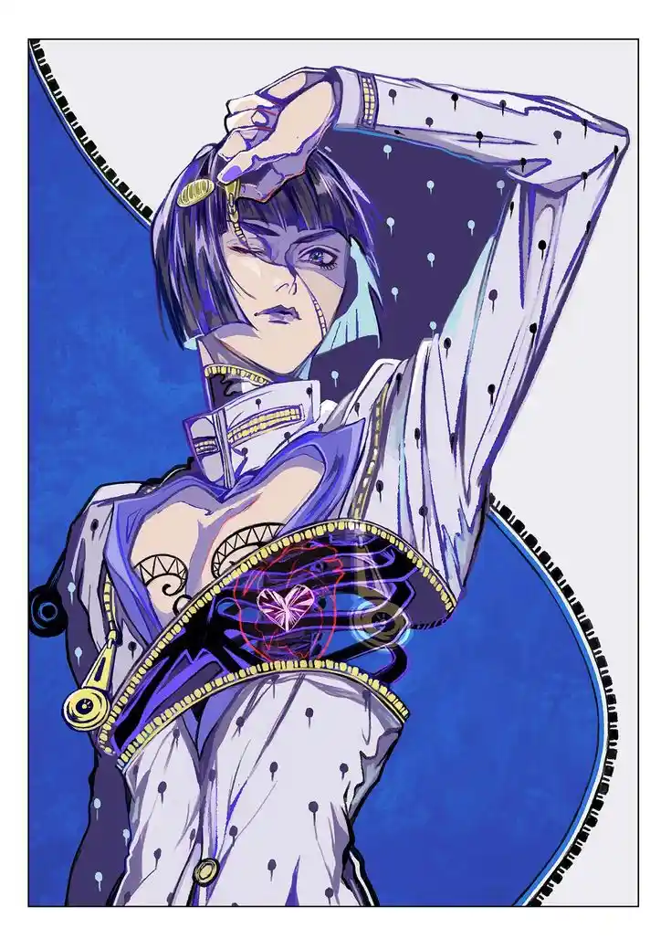 An anime-style illustration of a character with short purple hair, one eye closed, and the other open, wearing a white…