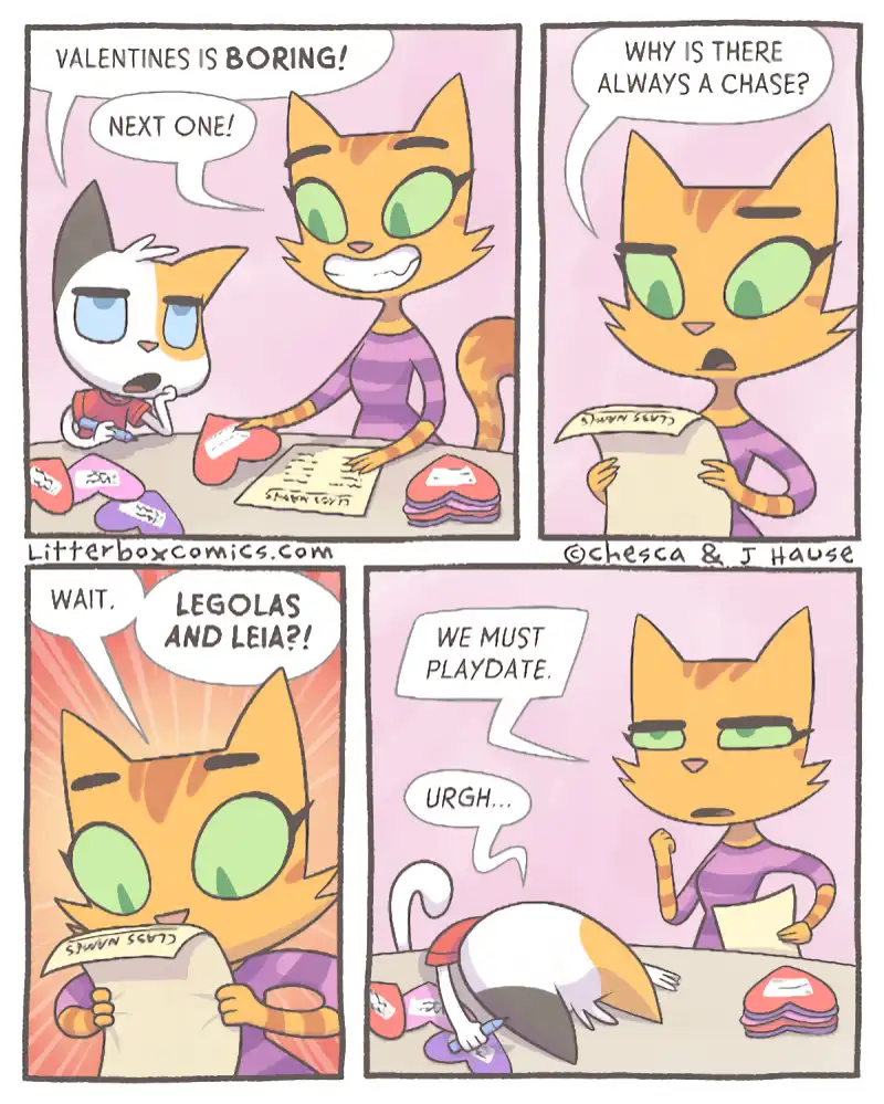 A four-panel comic strip featuring two anthropomorphic cats. In the first panel, a white-and-orange cat says 'NEXT ONE!'…