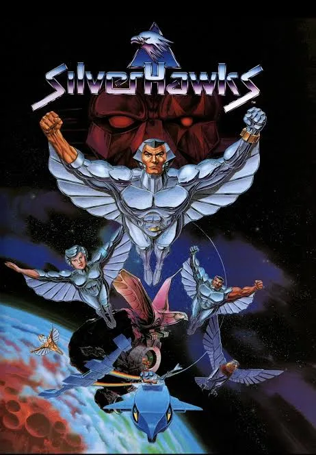 A vintage animated series poster for 'SilverHawks' shows a central muscular hero with silver wings and a helmet, flanked by…