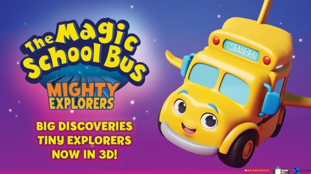 A promotional image for 'The Magic School Bus: Mighty Explorers' shows a yellow, cartoon school bus with a smiling face…